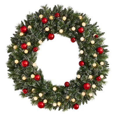4' Artificial Oversized Pre-Lit Frosted Holiday Christmas Wreath with Ornaments & 40 LED Globe Lights