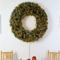 5’ Giant Flocked Artificial  Christmas Wreath W/ Pinecones, 400 Clear LED Lights and 760 Bendable Branches