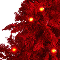 5' Red Flocked Fraser Fir Artificial Christmas Tree, 250 red colored lights and 26 globe bulbs