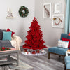 5' Red Flocked Fraser Fir Artificial Christmas Tree, 250 red colored lights and 26 globe bulbs