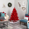 5' Red Flocked Fraser Fir Artificial Christmas Tree, 250 red colored lights and 26 globe bulbs
