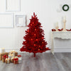 5' Red Flocked Fraser Fir Artificial Christmas Tree, 250 red colored lights and 26 globe bulbs