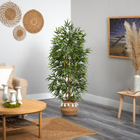 64” Artificial Bamboo Tree with Natural Bamboo Trunks in Handmade Natural Planter with Tassels
