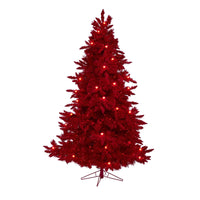 7' Red Flocked Fraser Fir Artificial Christmas Tree with 500 Red Lights, 40 Globe Bulbs and 1039 Bendable Branches