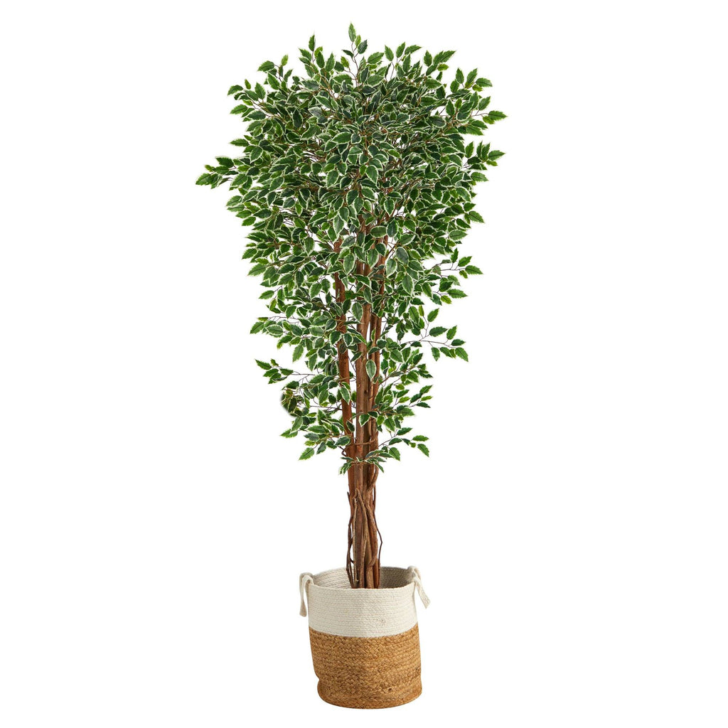 70” Variegated Artificial Ficus Tree in Jute & Cotton Planter UV Resistant (Indoor/Outdoor)