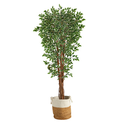 70” Variegated Artificial Ficus Tree in Jute & Cotton Planter UV Resistant (Indoor/Outdoor)