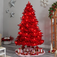8' Red Flocked Fraser Fir Artificial Christmas Tree W/700 Red Colored Lights