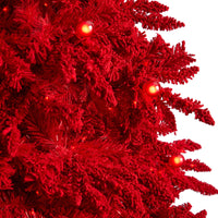 8' Red Flocked Fraser Fir Artificial Christmas Tree W/700 Red Colored Lights