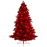 8' Red Flocked Fraser Fir Artificial Christmas Tree W/700 Red Colored Lights