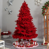 8' Red Flocked Fraser Fir Artificial Christmas Tree W/700 Red Colored Lights