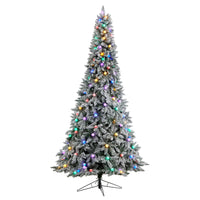 9.5' Flocked British Columbia Mountain Fir Artificial Christmas Tree With 150 Multi Color Globe Bulbs