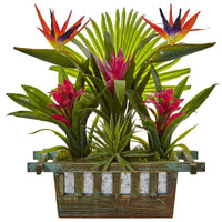 Artificial Birds of Paradise and Bromeliads in Planter