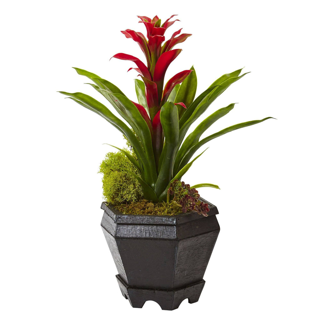 Artificial Bromeliad in Black Hexagon Planter