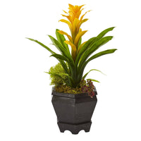 Artificial Bromeliad in Black Hexagon Planter