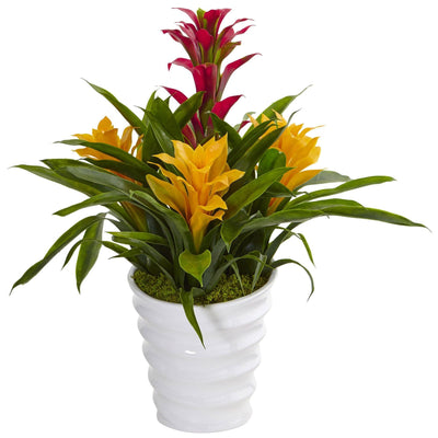 Artificial Bromeliads in White Swirl Vase
