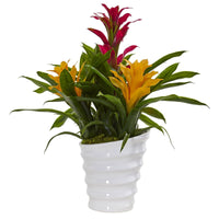Artificial Bromeliads in White Swirl Vase