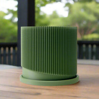 Mid-Century Ribbed Planter with Drainage and Saucer in Multiple Colors & Sizes