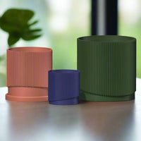 Mid-Century Ribbed Planter with Drainage and Saucer in Multiple Colors & Sizes