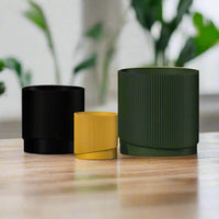 Mid-Century Ribbed Planter with Drainage and Saucer in Multiple Colors & Sizes